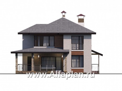 Проекты домов Альфаплан - «Квантум» - современный двухэтажный дом, планировка с террасой и сауной, для углового участка - превью фасада №2