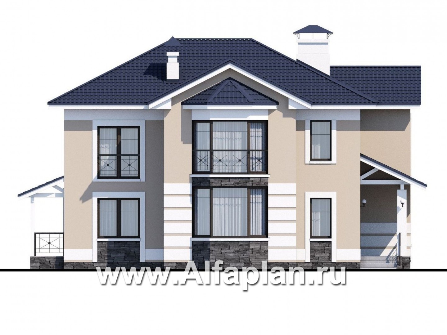 Проекты домов Альфаплан - «Диадема» - проект двухэтажного дома, лестница в центре, с эркером и с террасой, в стиле эклектика - изображение фасада №1