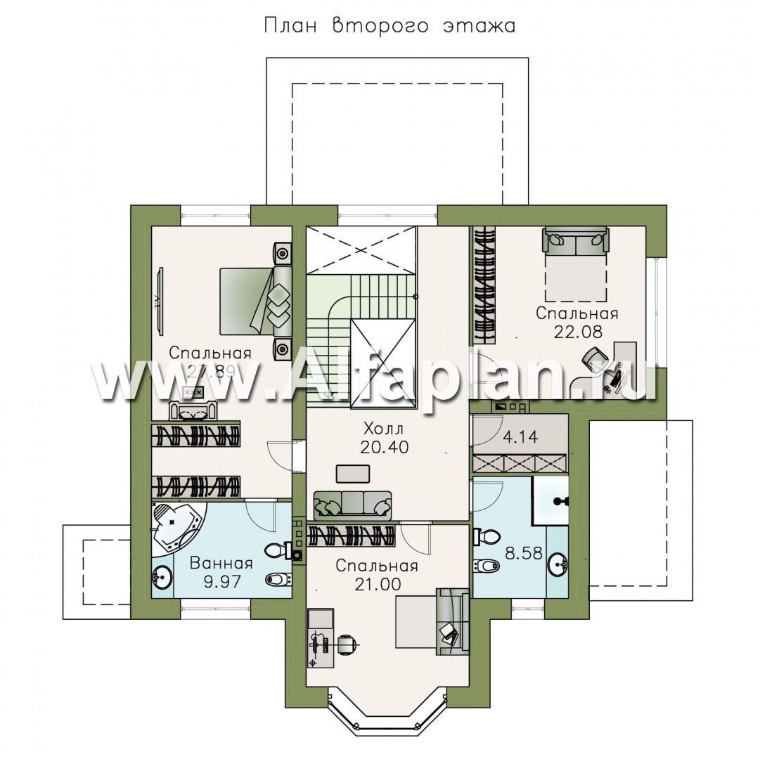 Проекты домов Альфаплан - «Диадема» - проект двухэтажного дома, лестница в центре, с эркером и с террасой, в стиле эклектика - план проекта №2