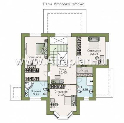 Проекты домов Альфаплан - «Диадема» - проект двухэтажного дома, лестница в центре, с эркером и с террасой, в стиле эклектика - превью плана проекта №2