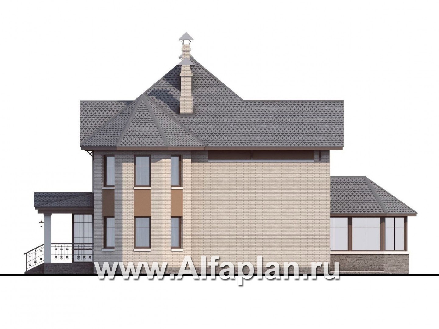 Проекты домов Альфаплан - «Львиное сердце» - загородный коттедж с просторной верандой - изображение фасада №2