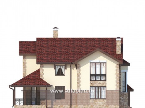 Проект двухэтажного дома, с эркером и с террасой, вход с угла, в стиле эклектика - превью фасада дома