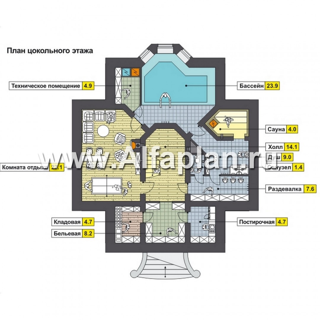 Проекты домов Альфаплан - Респектабельный коттедж с бассейном и террасой - изображение плана проекта №1