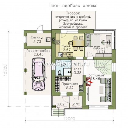«Эволюция» - проект двухэтажного дома, с кабинетом на 1 эт, навес на 1 авто, в современном стиле - превью план дома