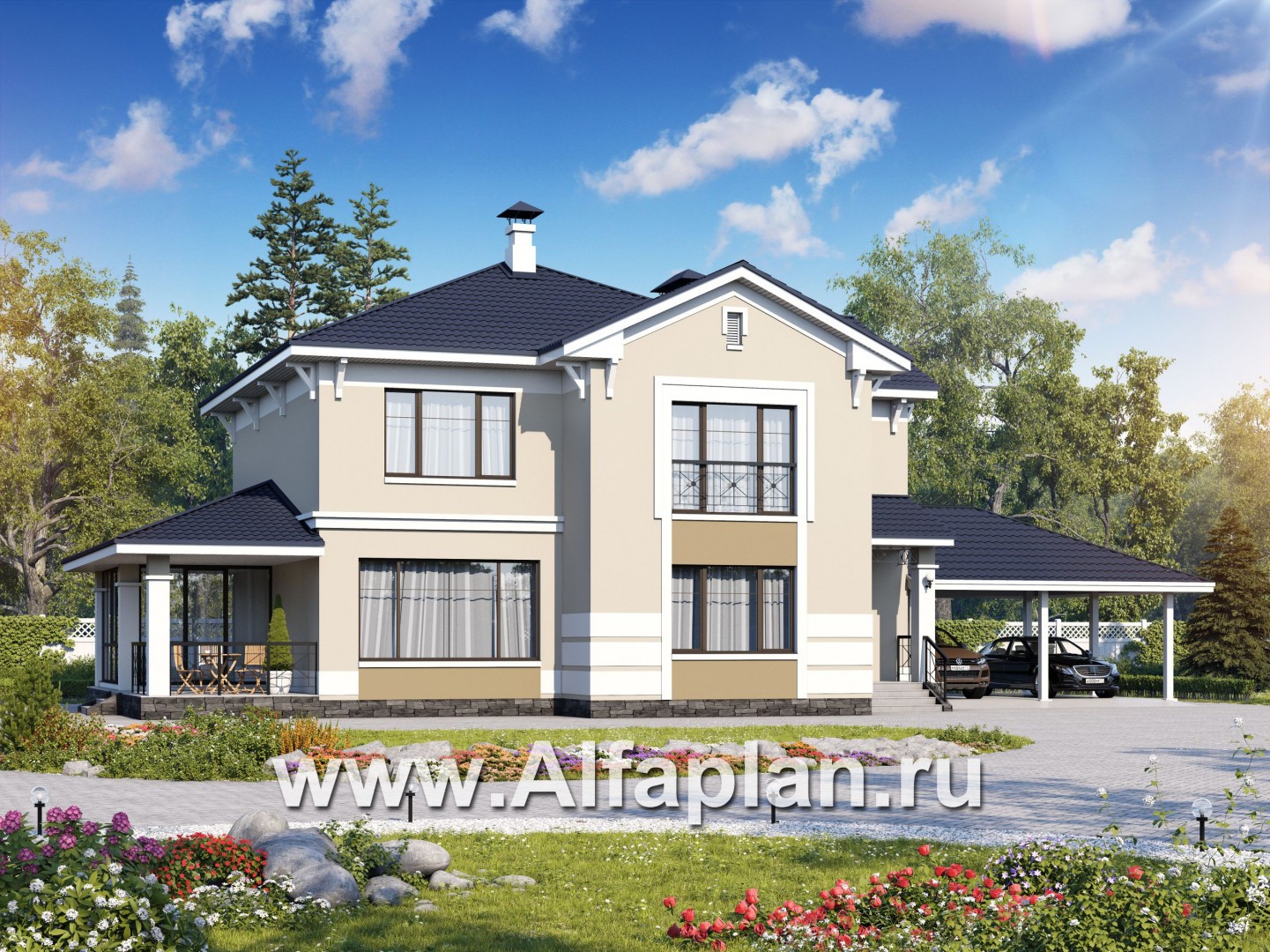 Проекты домов Альфаплан - «Патриций» - коттедж с большой верандой и террасой - основное изображение