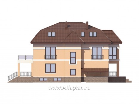 Проекты домов Альфаплан - Особняк бизнес класса с цокольным этажом и мансардой - превью фасада №2
