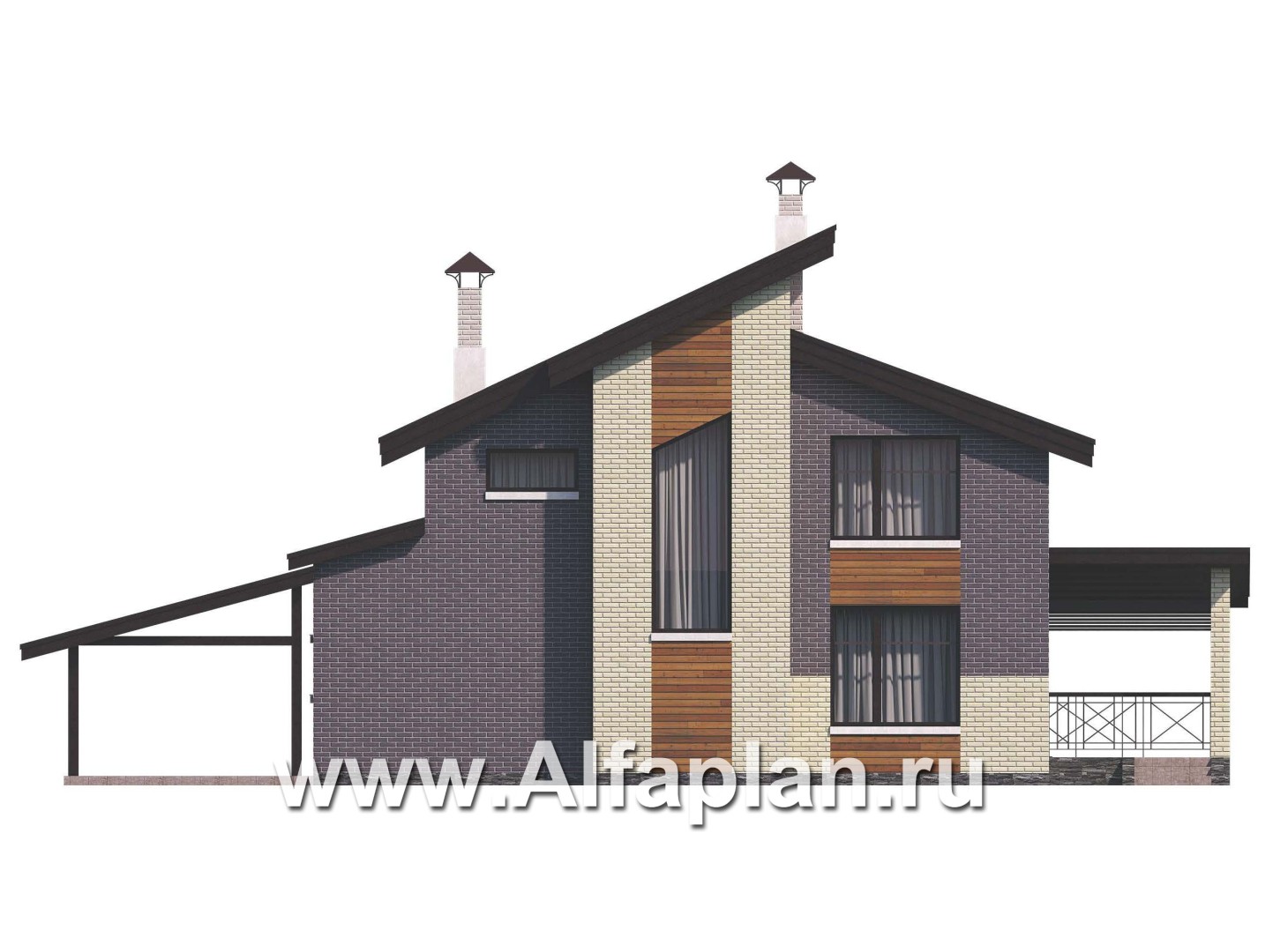 Проекты домов Альфаплан - «Стимул» - проект стильного двухэтажного дома с гаражом-навесом - изображение фасада №4