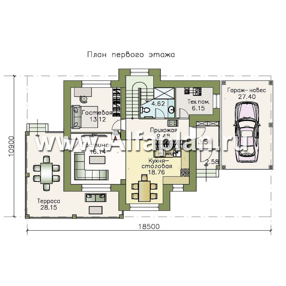 Проекты домов Альфаплан - «Стимул» - проект стильного двухэтажного дома с гаражом-навесом - план проекта №1