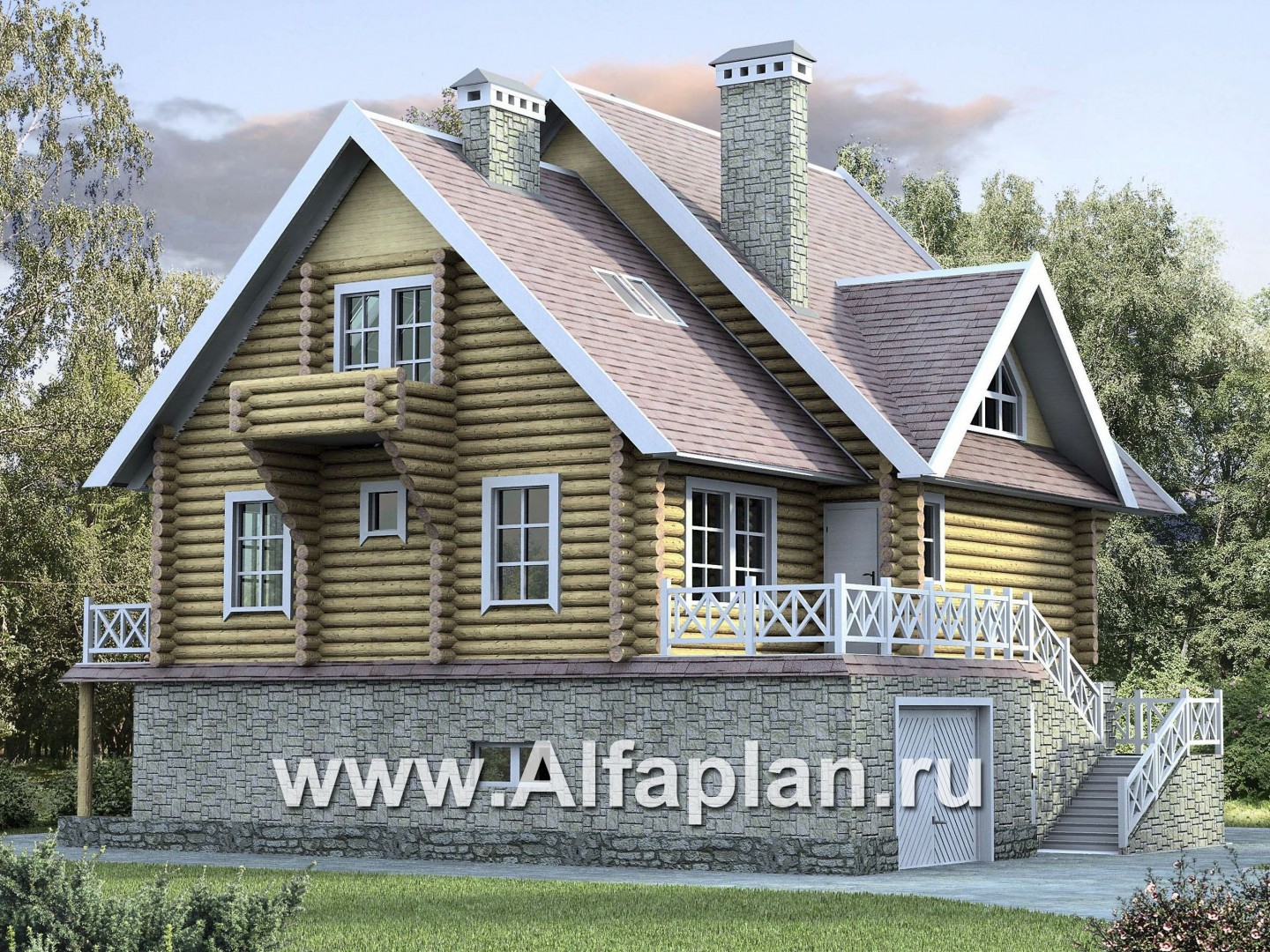Проекты домов Альфаплан - Бревенчатый дом с высоким цоколем - основное изображение