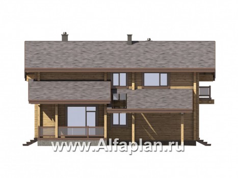 Проекты домов Альфаплан - Дом из бруса с навесом для машины и угловой террасой - превью фасада №1