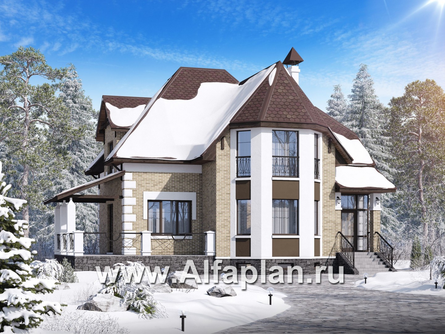 Проекты домов Альфаплан - «Клио Плюс» - коттедж с  цокольным этажом и угловой террасой - основное изображение
