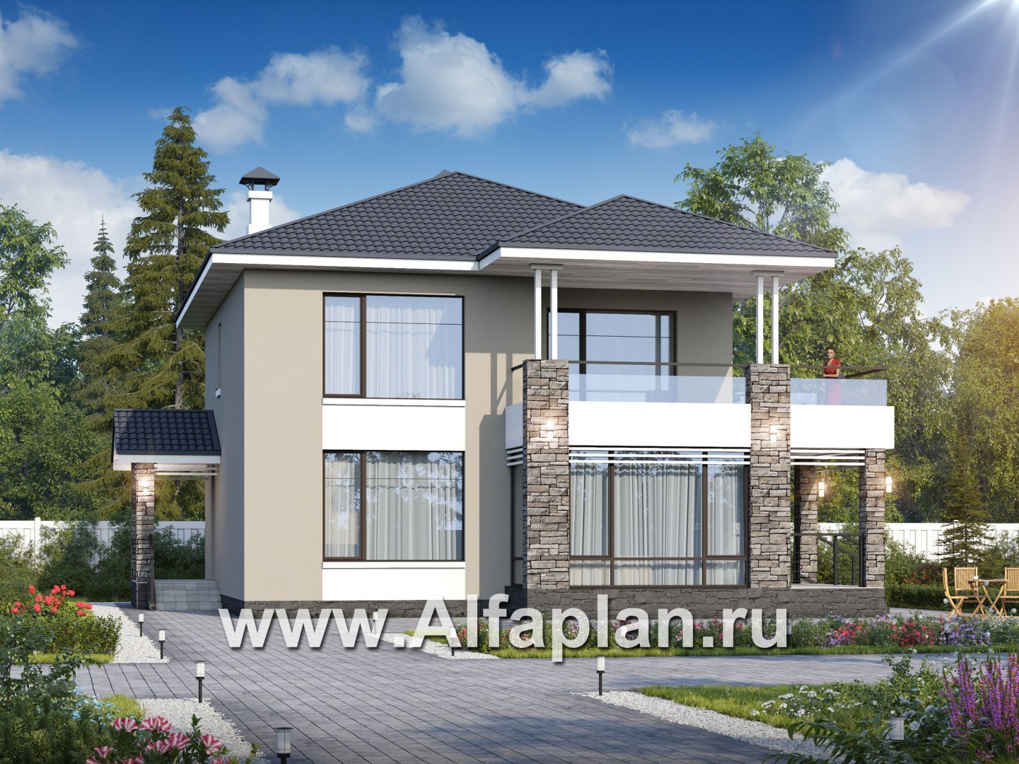 Проекты домов Альфаплан - «Belissimo» - современный двухэтажный дом с удобной верандой - основное изображение