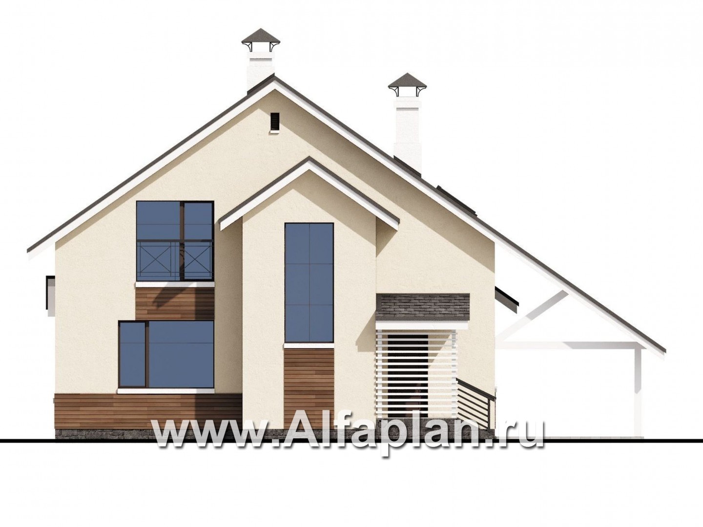 Проекты домов Альфаплан - «Реалист» - загородный дом с верандой и навесом для машины - изображение фасада №4