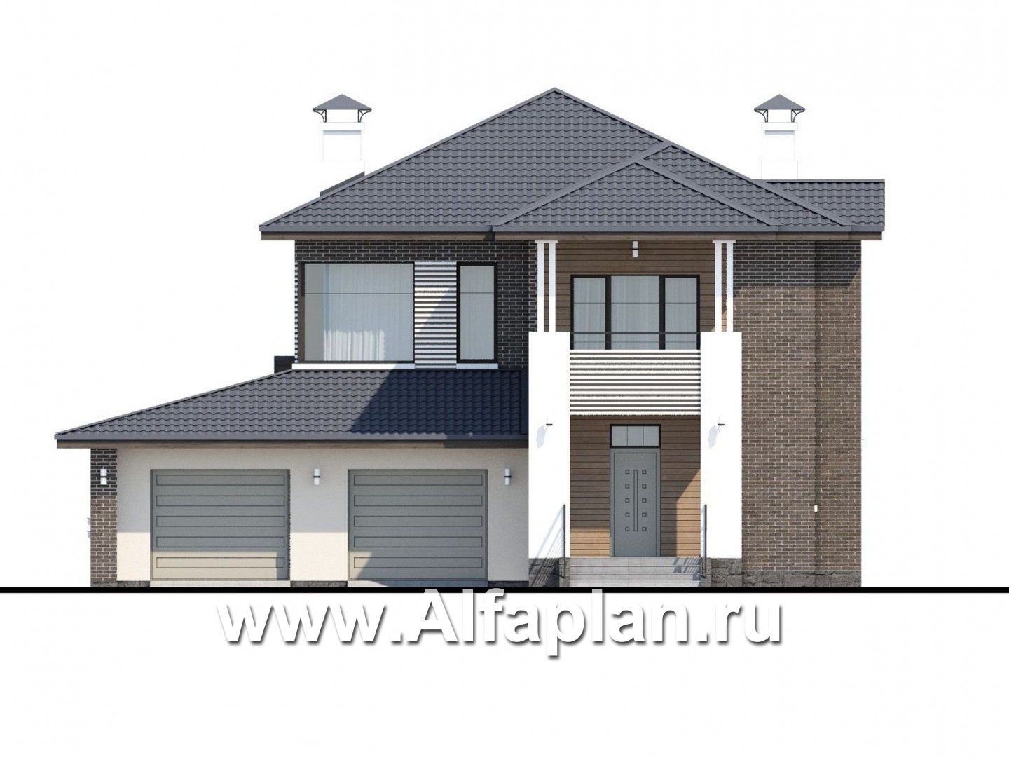 «Новый поворот» - красивый дом,  проект двухэтажного коттеджа с террасой, мастер спальня, с гаражом - фасад дома