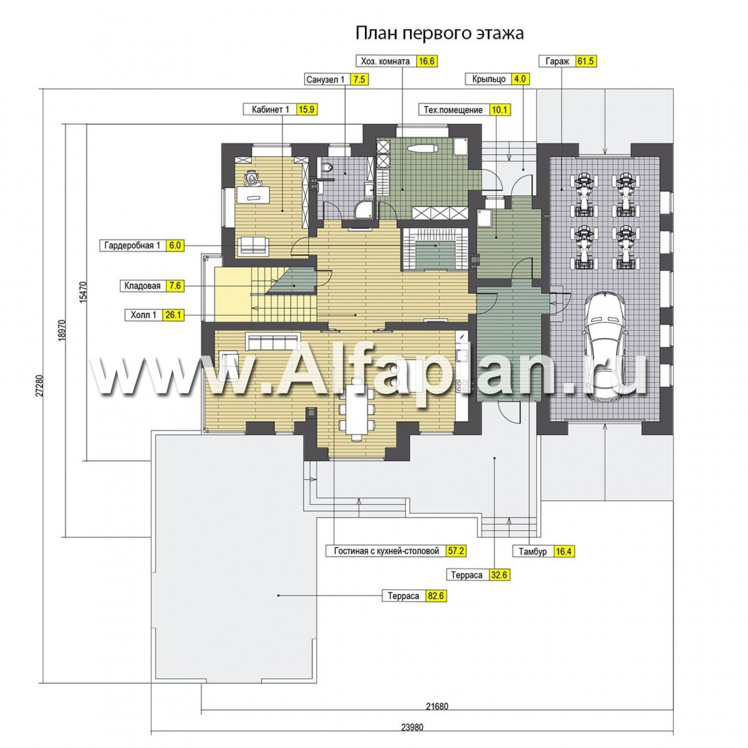 Проекты домов Альфаплан - Современный особняк с гаражом и большой террасой - изображение плана проекта №1