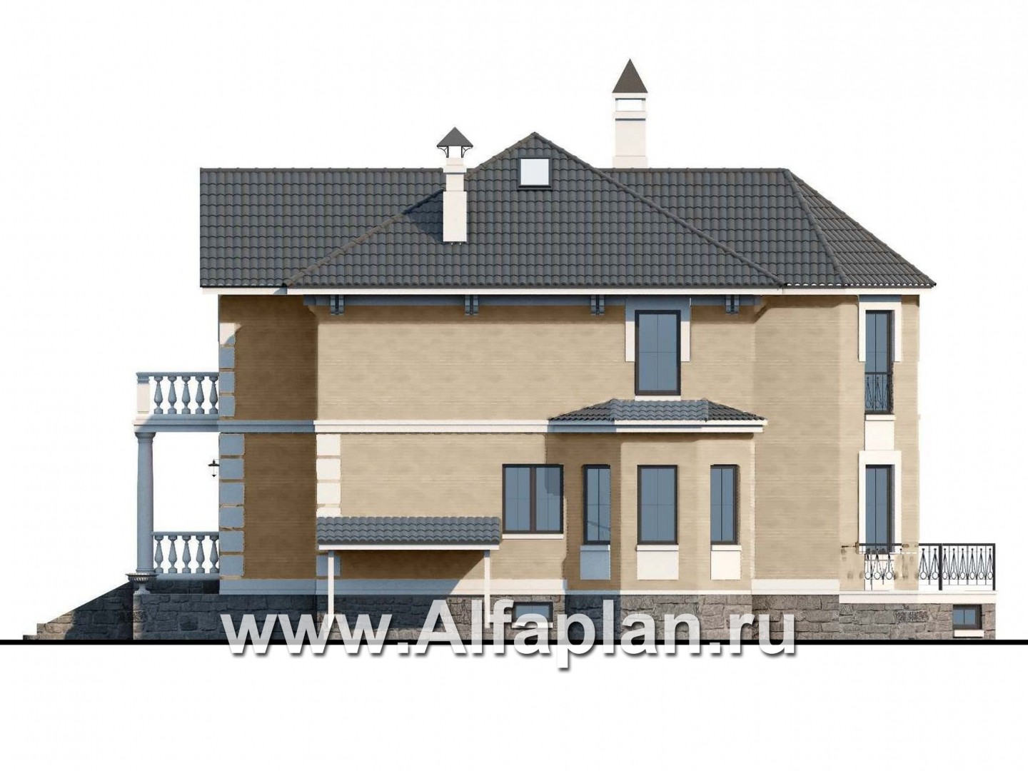 Проекты домов Альфаплан - «Головин плюс» - аристократический коттедж с бассейном в цоколе - изображение фасада №2