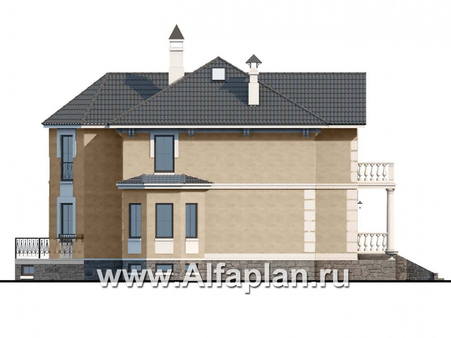 Проекты домов Альфаплан - «Головин плюс» - аристократический коттедж с бассейном в цоколе - изображение фасада №3