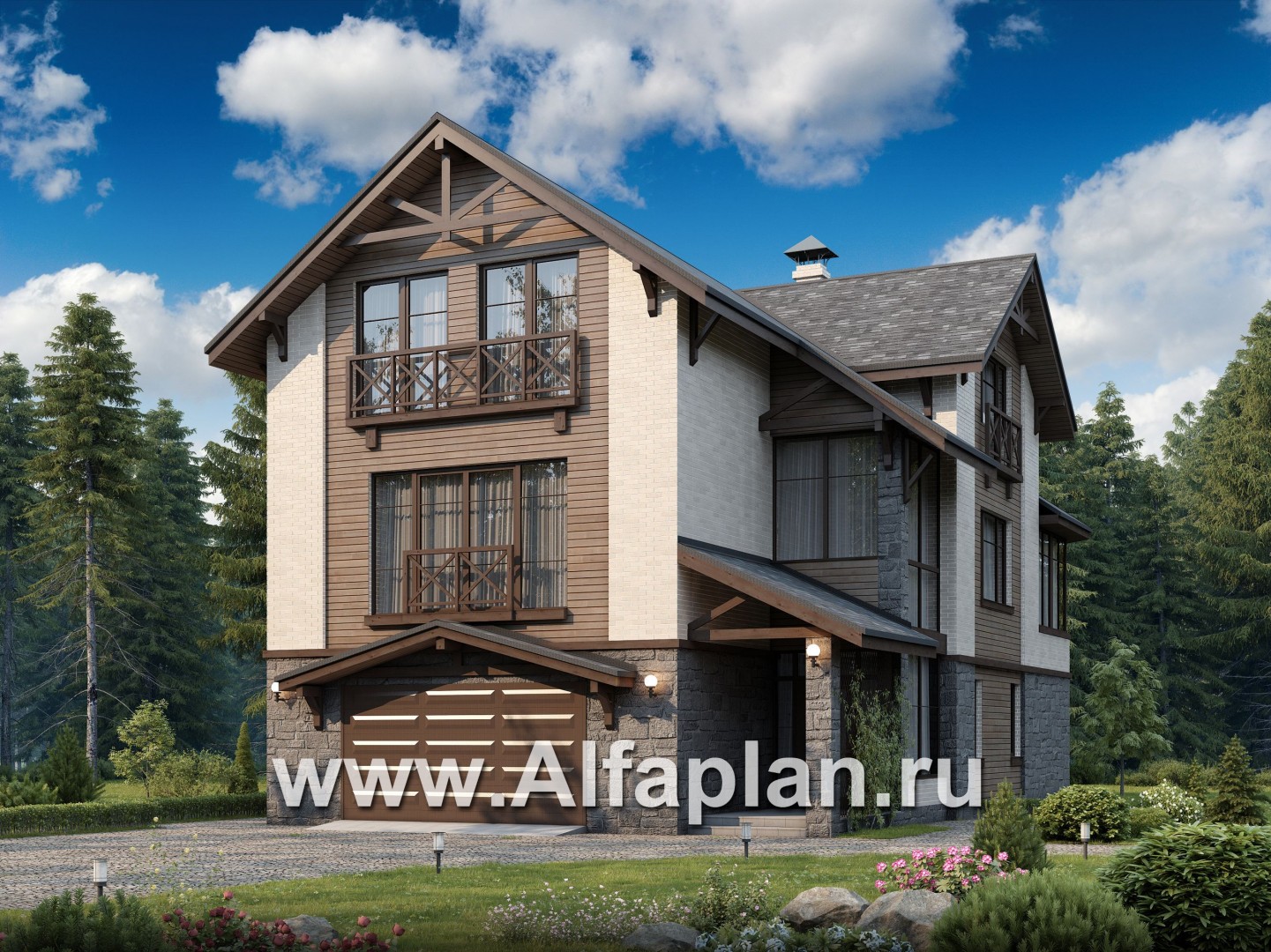 Проекты домов Альфаплан - Компактный дом с большим гаражом, верандой и зимним садом - основное изображение