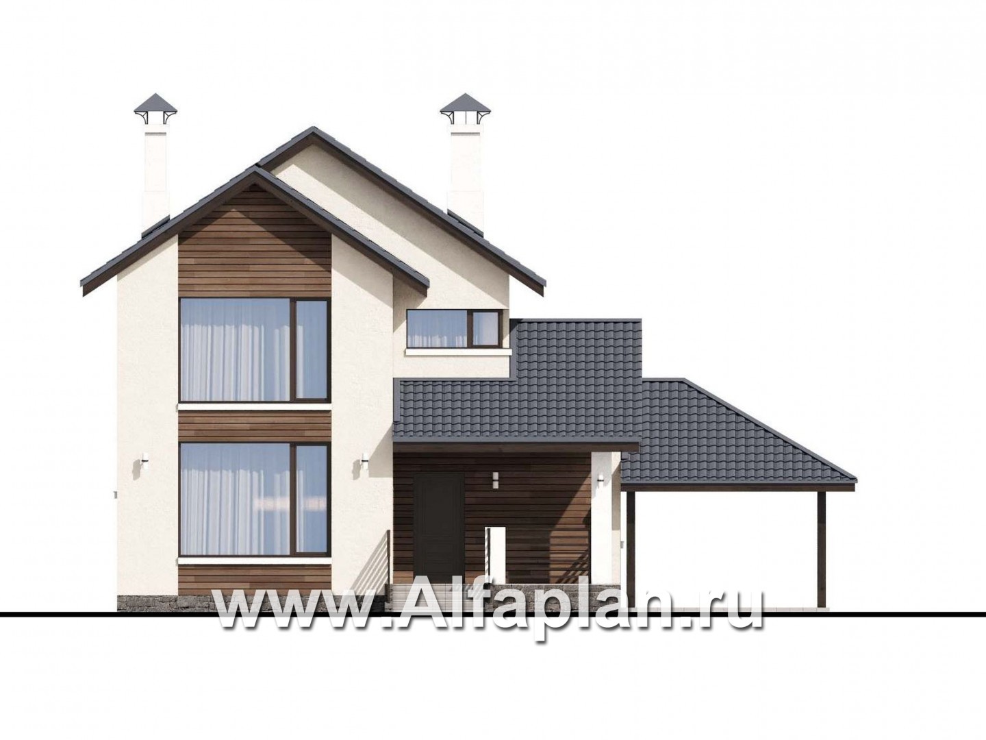 Проекты домов Альфаплан - «Весна» - экономичный и удобный дом с гаражом-навесом - изображение фасада №1