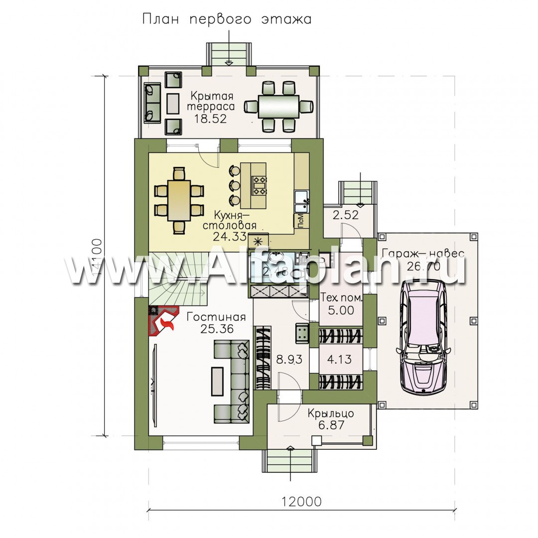 Проекты домов Альфаплан - «Весна» - экономичный и удобный дом с гаражом-навесом - изображение плана проекта №1