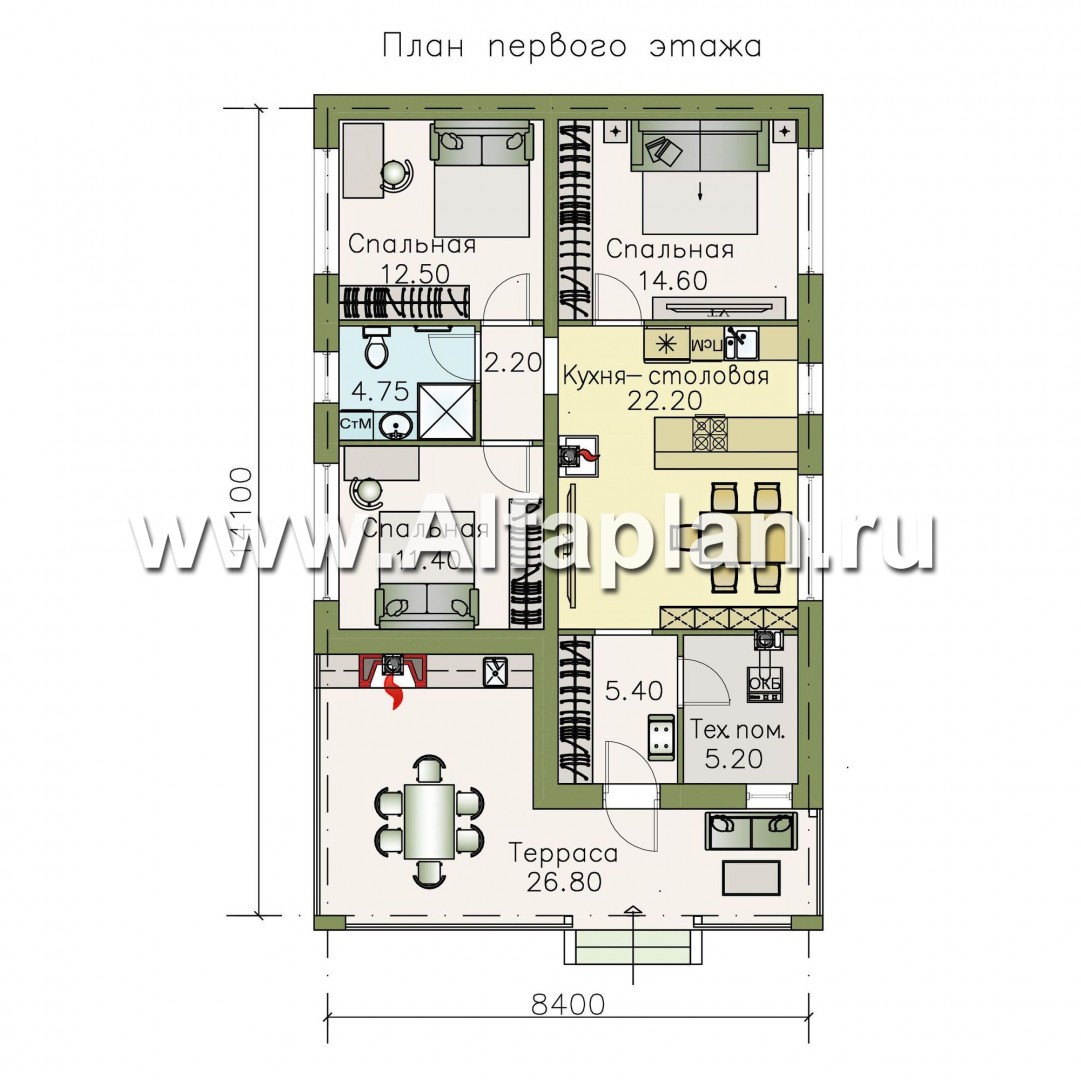 Проекты домов Альфаплан - «Мелета» - уютный одноэтажный дом с тремя спальнями - изображение плана проекта №1