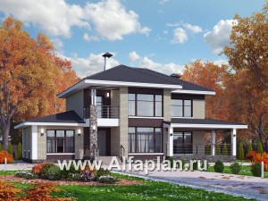 Проекты домов Альфаплан - «Саар» - современный двухэтажный дом с террасой и сауной - превью основного изображения