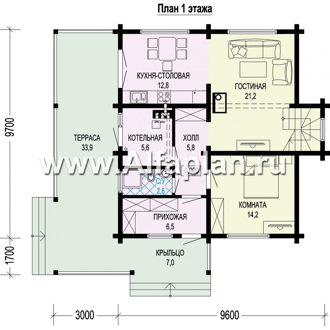 Проекты домов Альфаплан - Двухэтажный деревянный дом с террасой - план проекта №1