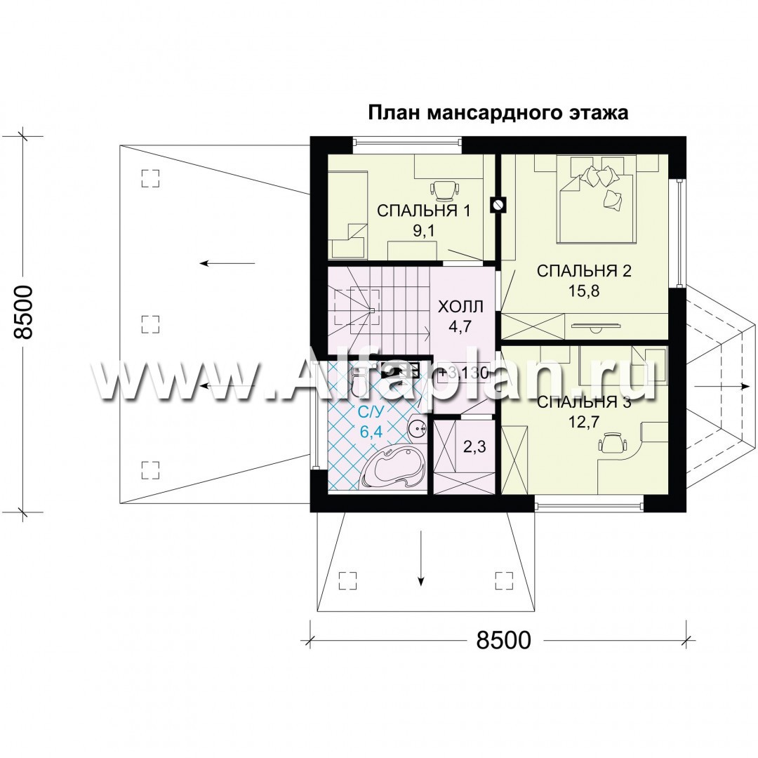 Проекты домов Альфаплан - Компактный мансардный дом с навесом для машины - изображение плана проекта №2