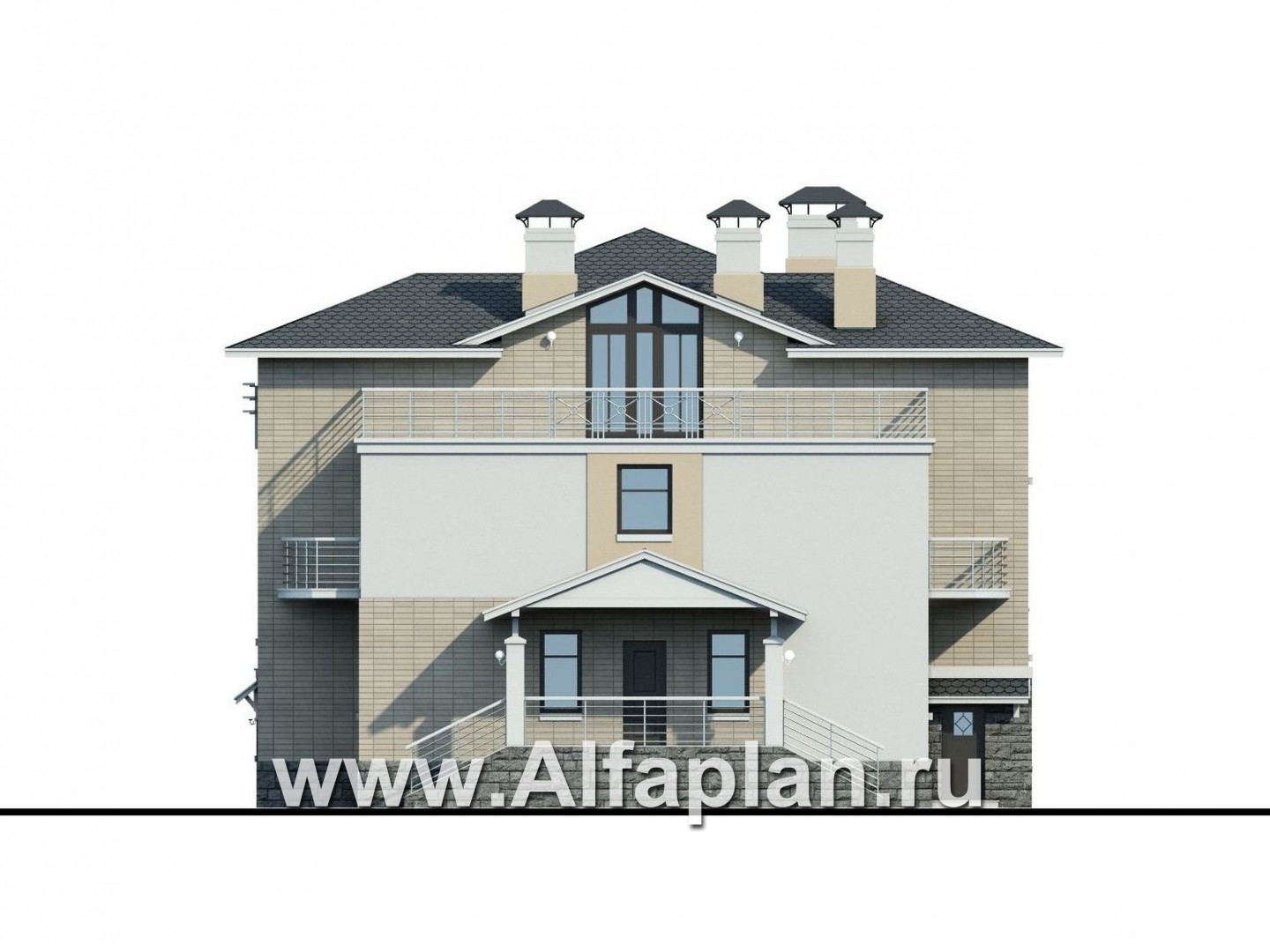 Проекты домов Альфаплан - «Три семерки» — трехэтажный загородный особняк с бассейном ДУО - изображение фасада №2
