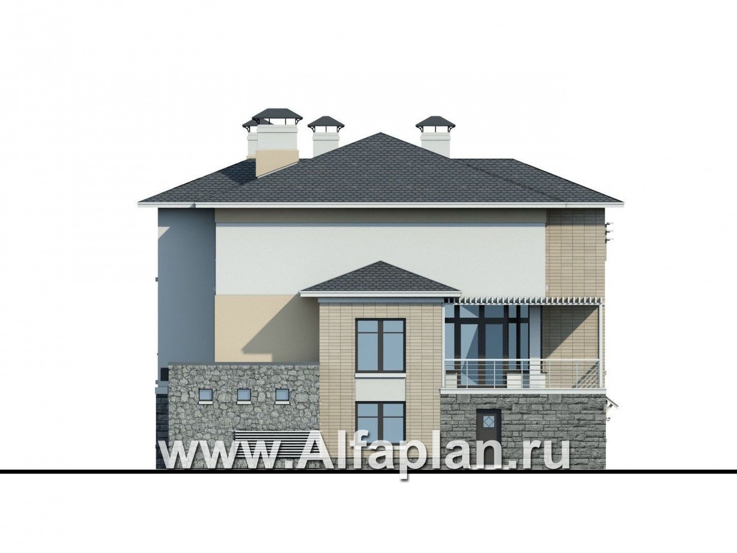 Проекты домов Альфаплан - «Три семерки» — трехэтажный загородный особняк с бассейном ДУО - изображение фасада №3