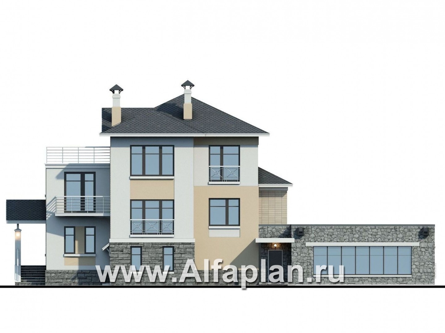 Проекты домов Альфаплан - «Три семерки» — трехэтажный загородный особняк с бассейном ДУО - изображение фасада №4