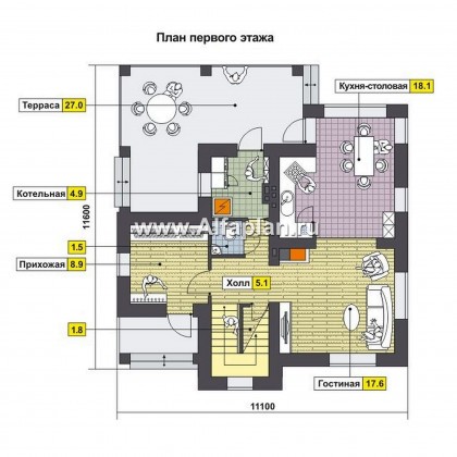 Проекты домов Альфаплан - Компактный двухэтажный дом c с большой террасой - превью плана проекта №1