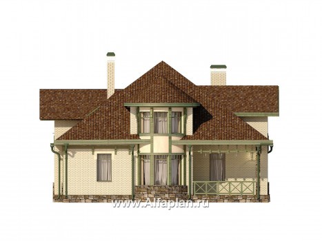 Проект дома с мансардой, планировка 2 спальни на 1 эт, с эркером и с террасой - превью фасада дома