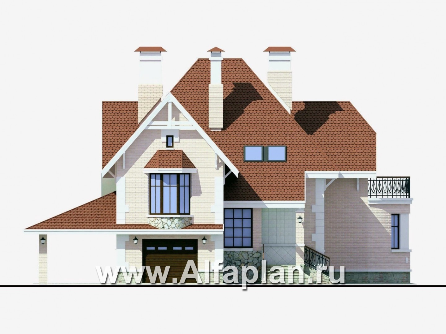 Проекты домов Альфаплан - «Ветер перемен»- коттедж с гаражом и навесом для автомобиля - изображение фасада №1
