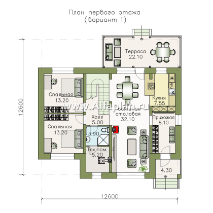 Проекты домов Альфаплан - «Кассиопея» - мансардный коттедж с 5-ю спальнями, или 4-е спальни + сауна - превью плана проекта №1