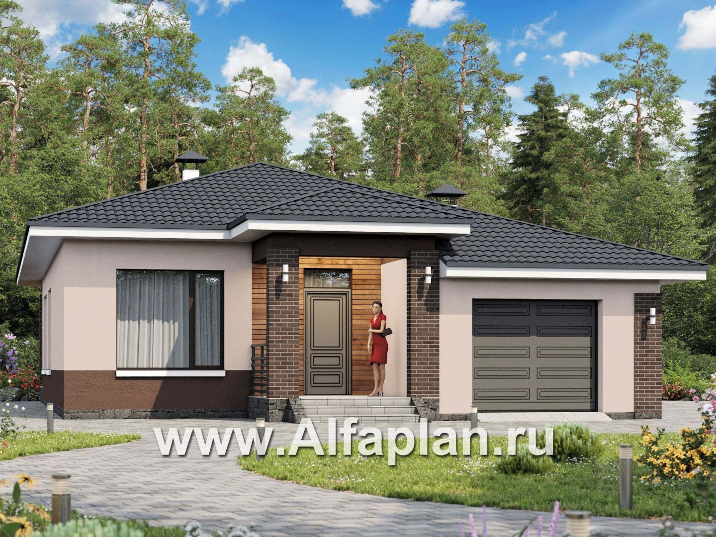 Проекты домов Альфаплан - «Каллиопа» - одноэтажный дом с террасой и гаражом (три спальни) - основное изображение