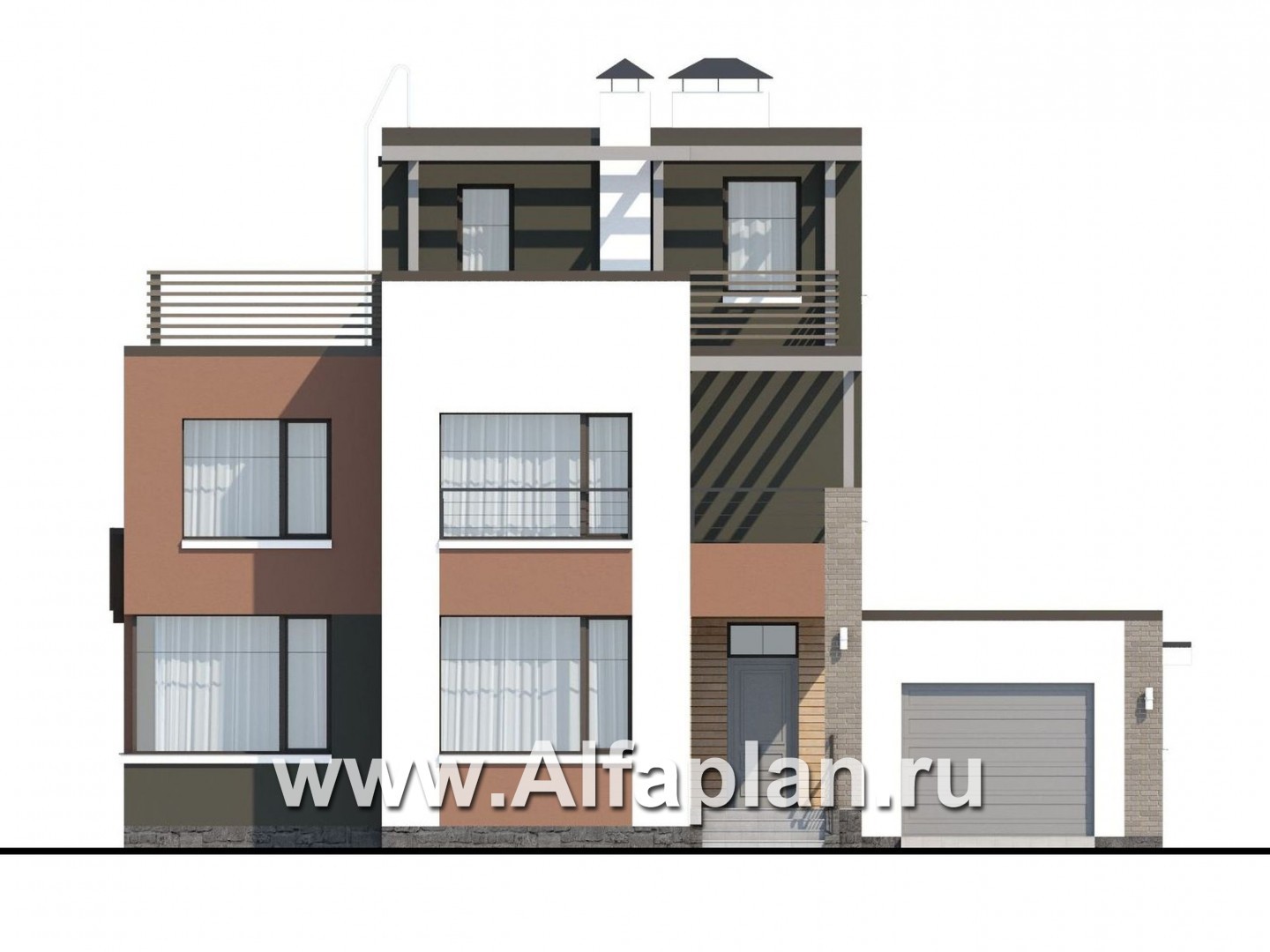 Проекты домов Альфаплан - «Рефлекс» - комфортабельный коттедж с эксплуатируемой кровлей - изображение фасада №1