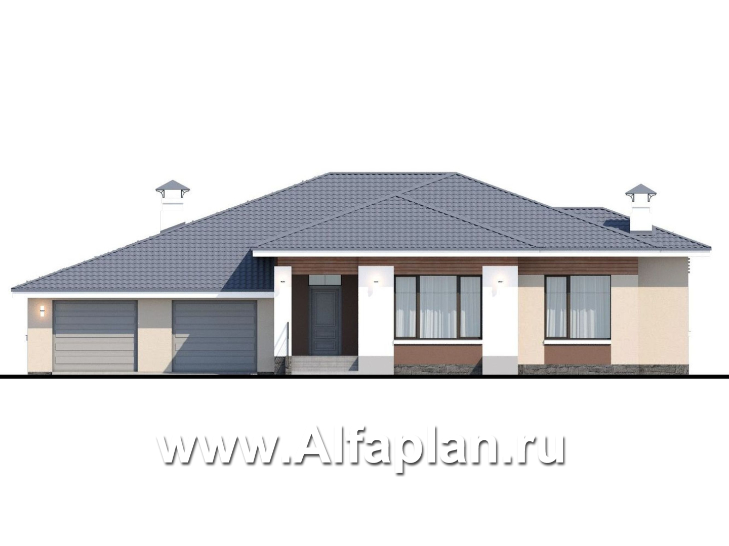 Проекты домов Альфаплан - «Калипсо» -проект одноэтажного дома, с гаражом на 2 авто - изображение фасада №1