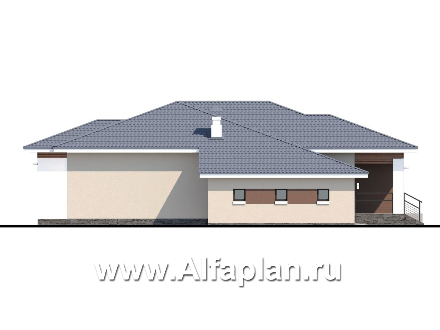 Проекты домов Альфаплан - «Калипсо» -проект одноэтажного дома, с гаражом на 2 авто - изображение фасада №3