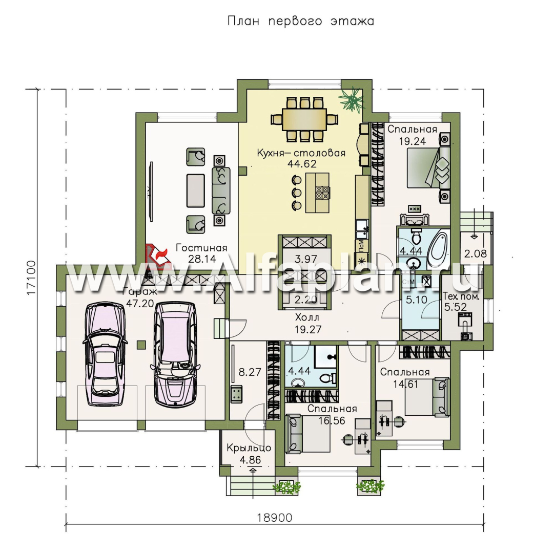 Проекты домов Альфаплан - «Калипсо» -проект одноэтажного дома, с гаражом на 2 авто - изображение плана проекта №1