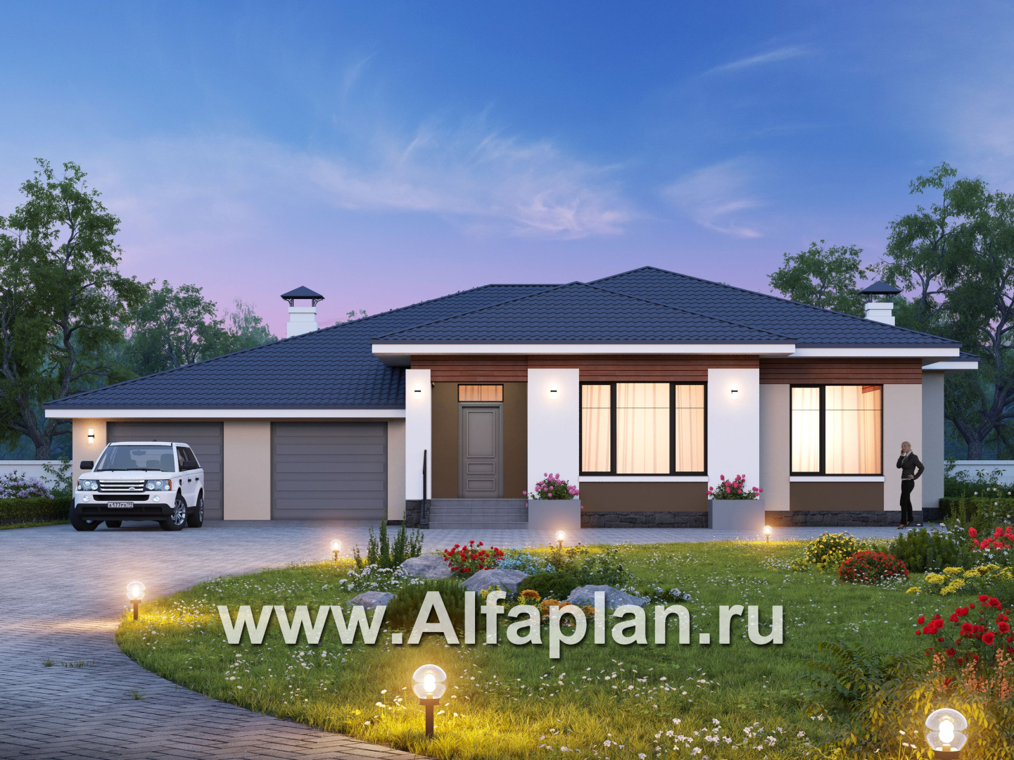 Проекты домов Альфаплан - «Калипсо» -проект одноэтажного дома, с гаражом на 2 авто - основное изображение