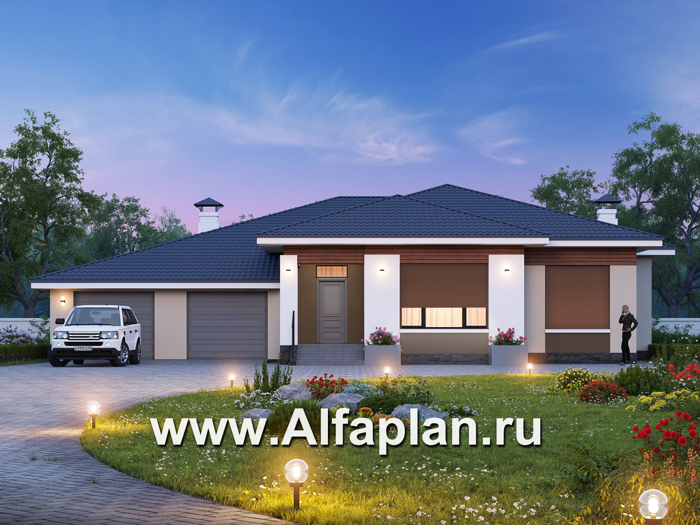 Проекты домов Альфаплан - «Калипсо» -проект одноэтажного дома, с гаражом на 2 авто - дополнительное изображение №1