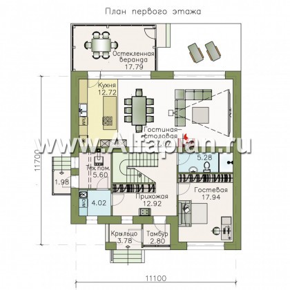 Проекты домов Альфаплан - «Седьмая высота» - комфортабельный дом с большой гостиной - превью плана проекта №1