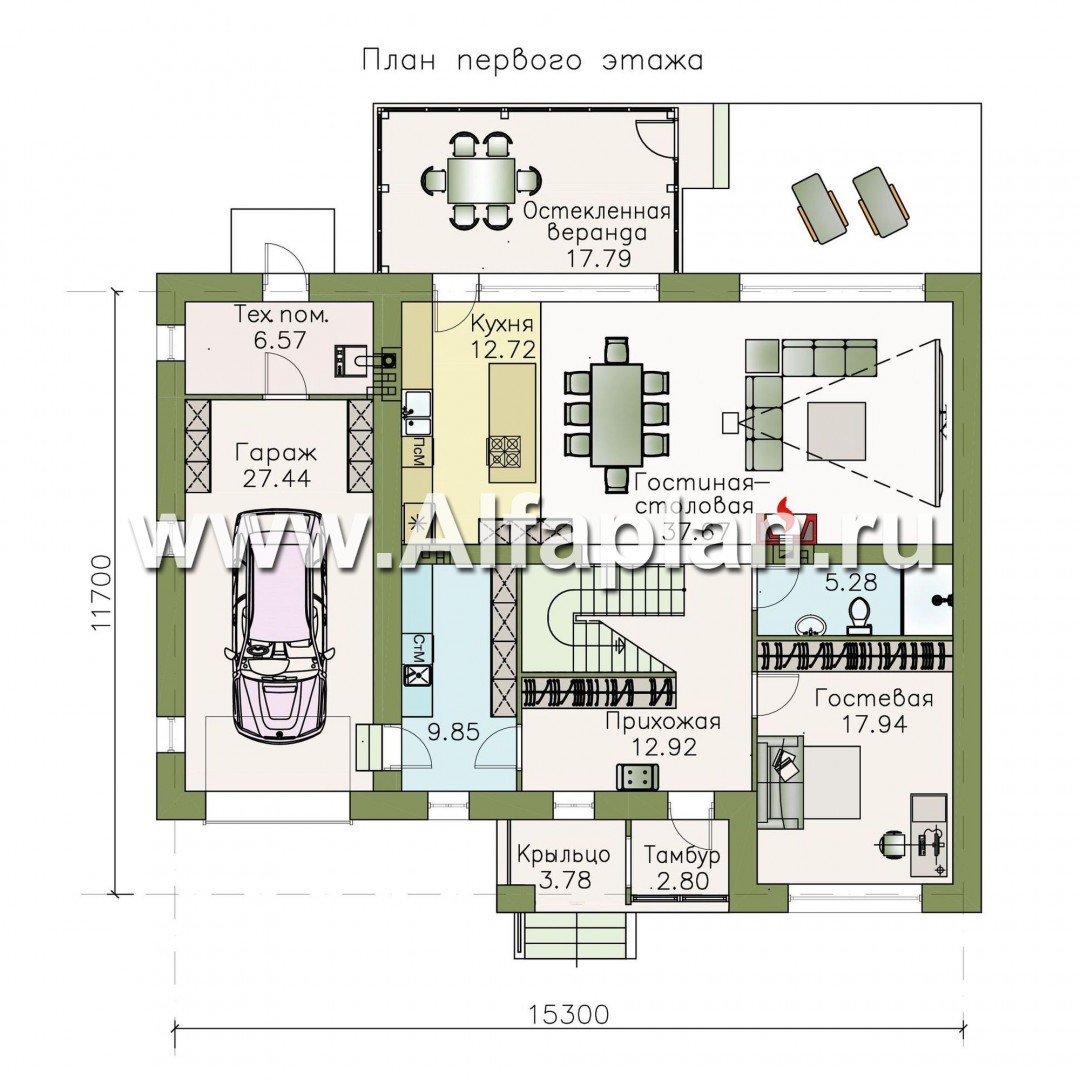 Проекты домов Альфаплан - «Седьмая высота» - стильный коттедж с гаражом и просторной верандой - изображение плана проекта №1
