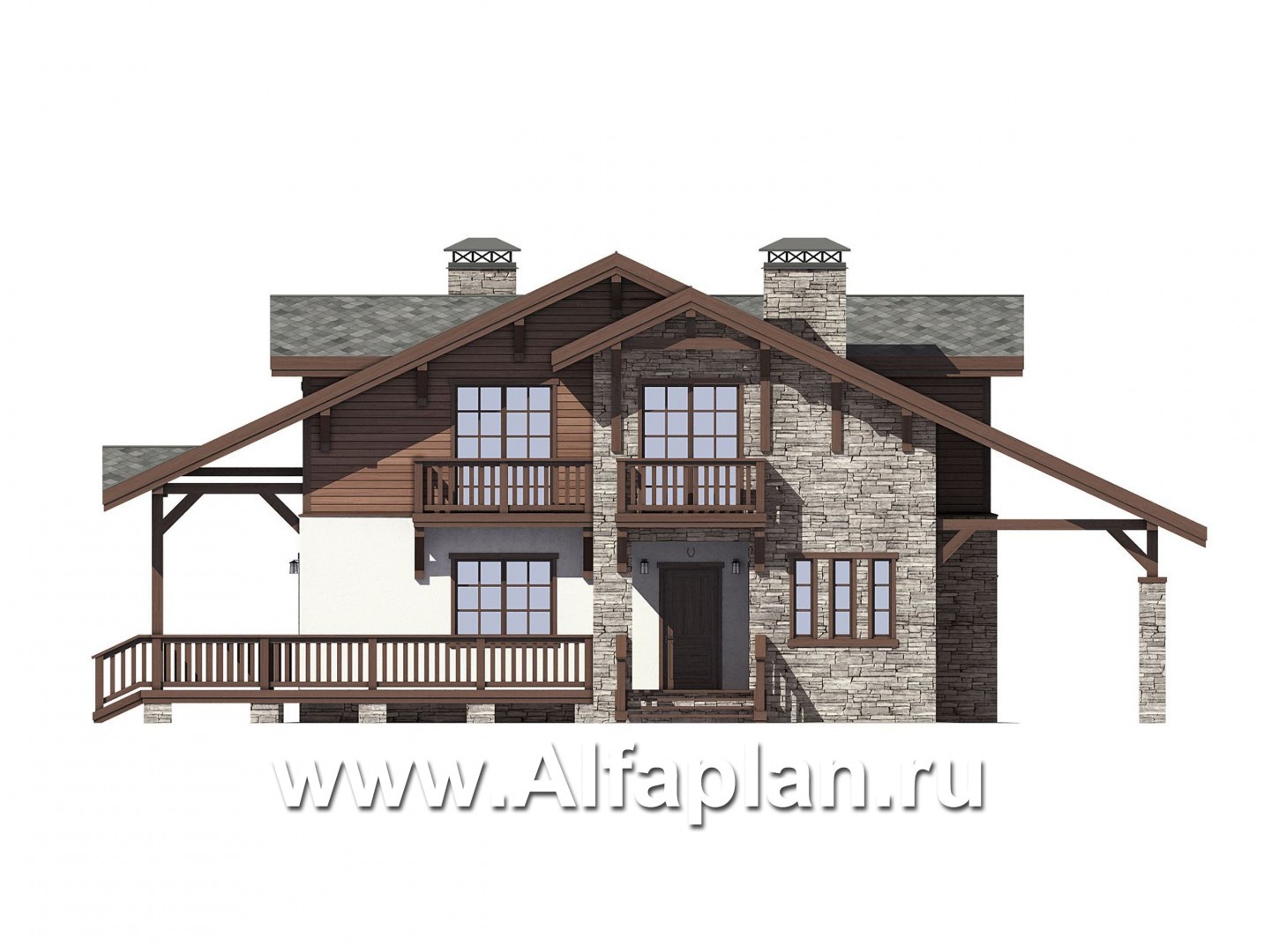 Проекты домов Альфаплан - Дом-шале с большой террасой - изображение фасада №1