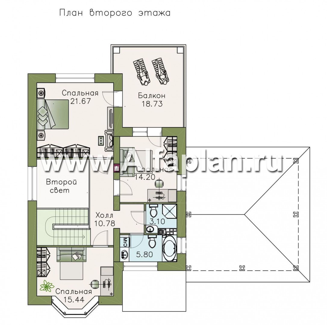 Проекты домов Альфаплан - «Галерея» - коттедж c балконом-галереей и навесом для авто - план проекта №2