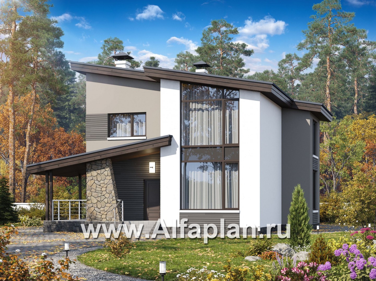 Проекты домов Альфаплан - «Борей» - стильный коттедж с односкатной крышей - основное изображение