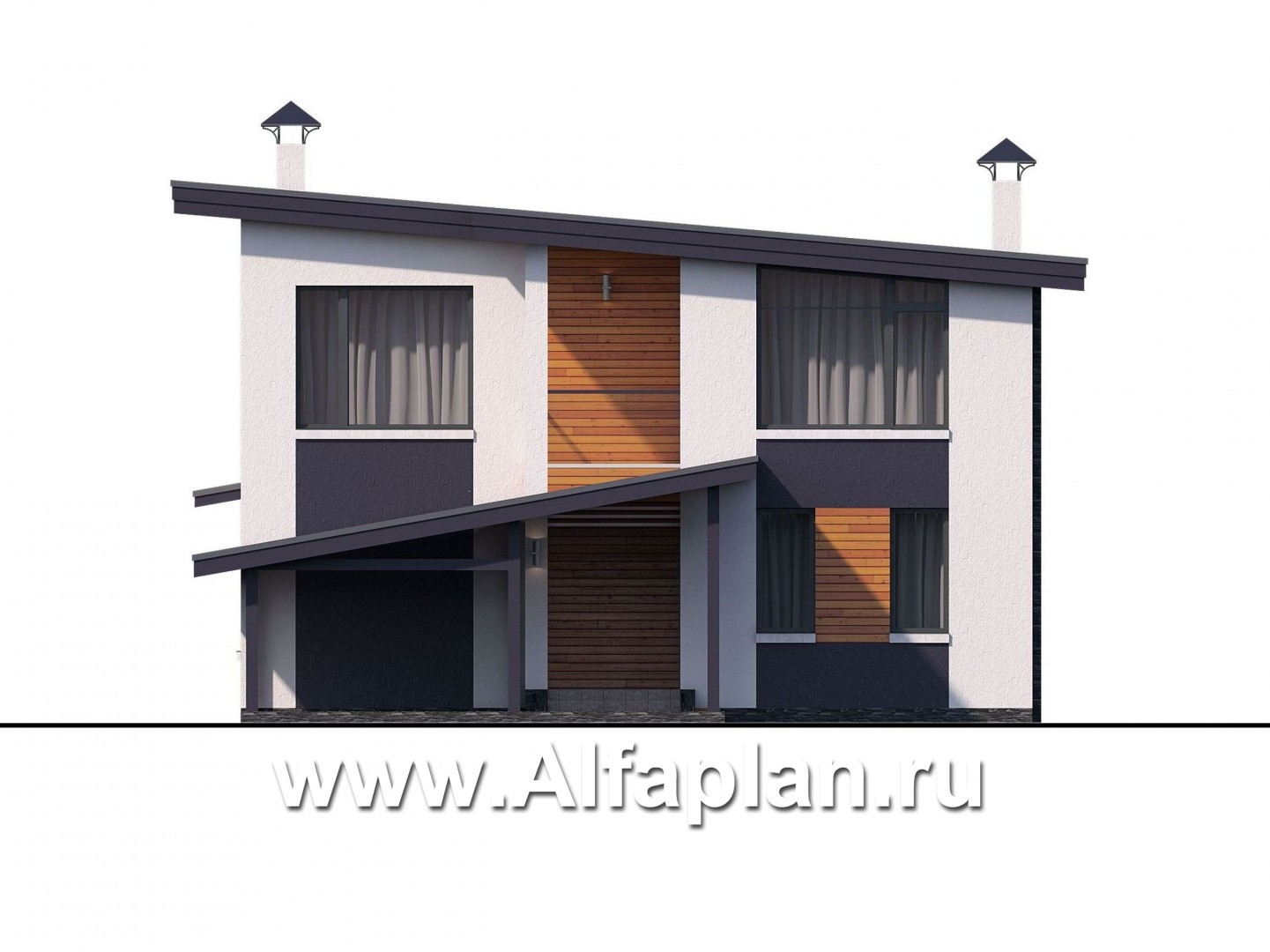 «Модена» - проект двухэтажного дома из газобетона, с террасой, навес на 2 авто, в стиле минимализм - фасад дома