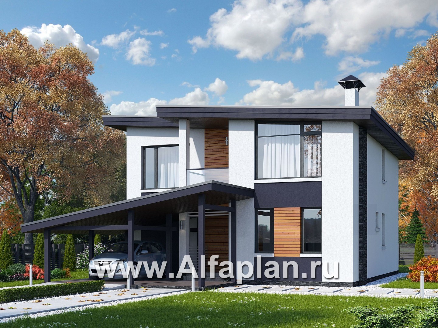Проекты домов Альфаплан - "Модена" -стильный дом, односкатная крыша - основное изображение